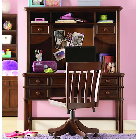 Five-Drawer Desk with Cork-Back Hutch with Drawer/Shelf Combo